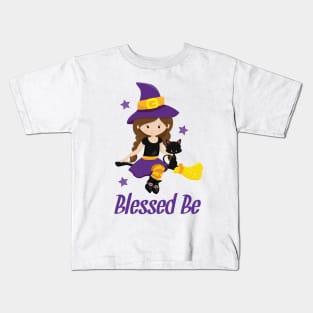 Wicca Witch Design Blessed Be Pagan Gift Shirt Mug Decor Halloween Witch on a Broomstick Design Kids T-Shirt